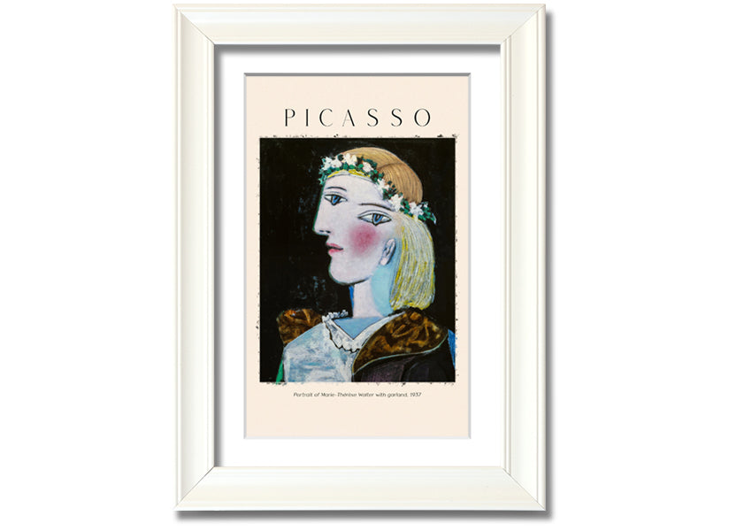 A vibrant canvas print of Picasso's Portrait Of Marie-Thérèse Walter, featuring a woman with a garland, mounted on a box frame.